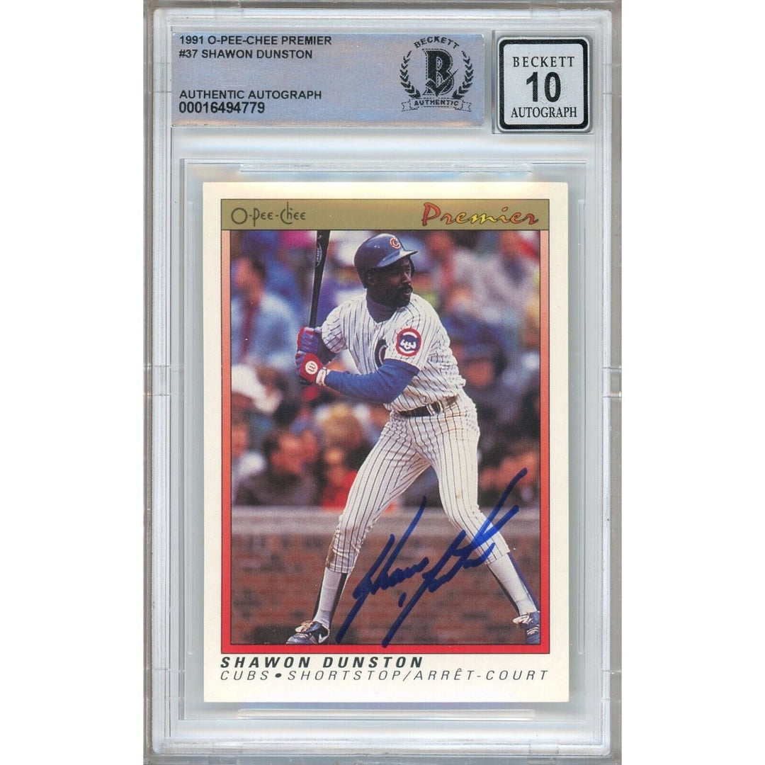 Baseballs- Autographed- Shawon Dunston Chicago Cubs Signed 1991 O-Pee-Chee Premier Trading Card Beckett Authentic Auto Slab Front