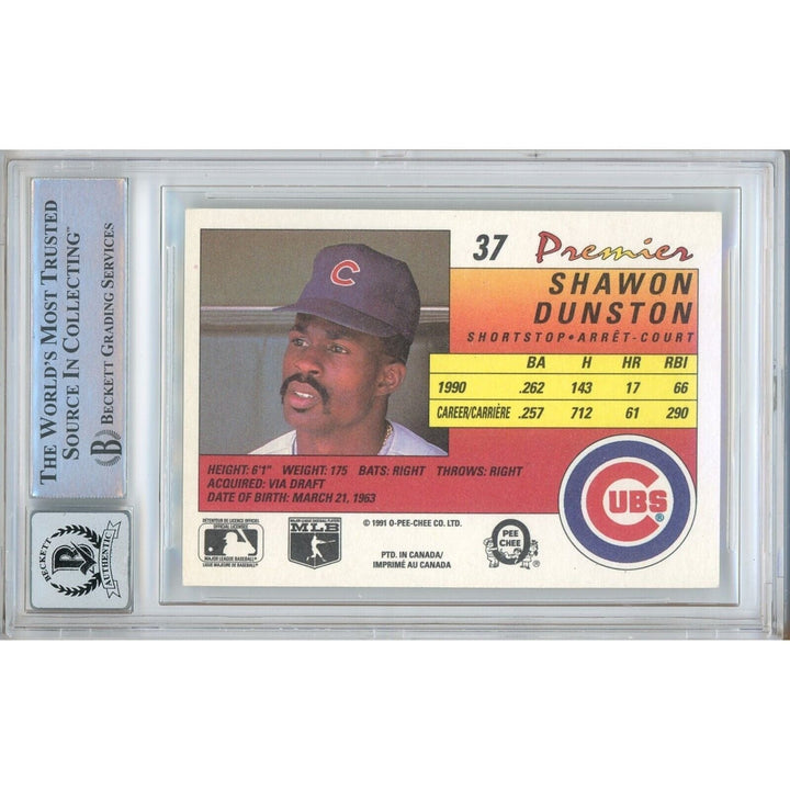 Baseballs- Autographed- Shawon Dunston Chicago Cubs Signed 1991 O-Pee-Chee Premier Trading Card Beckett Authentic Auto Slab Back