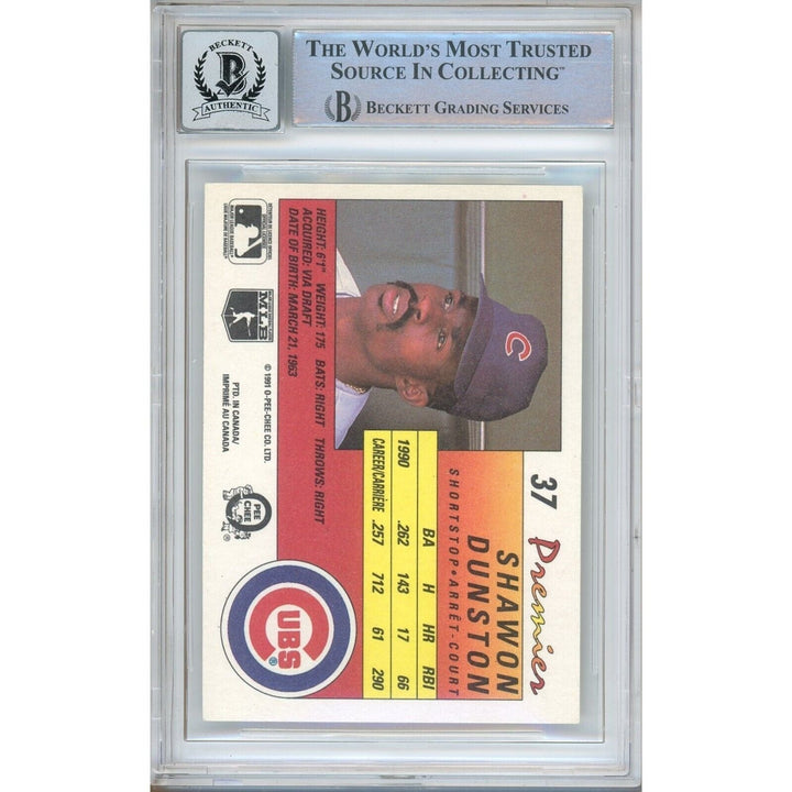 Baseballs- Autographed- Shawon Dunston Chicago Cubs Signed 1991 O-Pee-Chee Premier Trading Card Beckett Authenticated Auto Slab Back