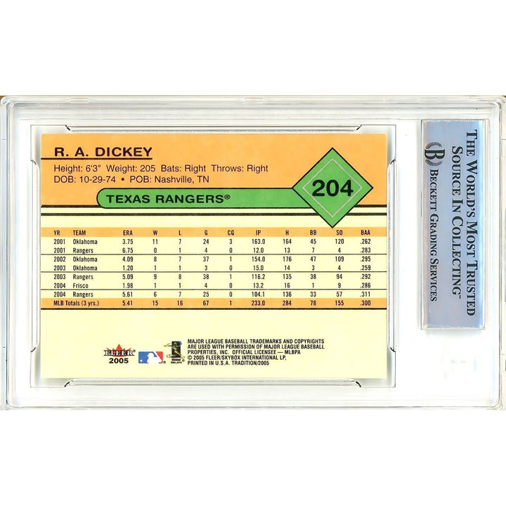 R.A. Dickey Texas Rangers Signed 2005 Fleer Tradition Card Beckett Authentic Auto Slab