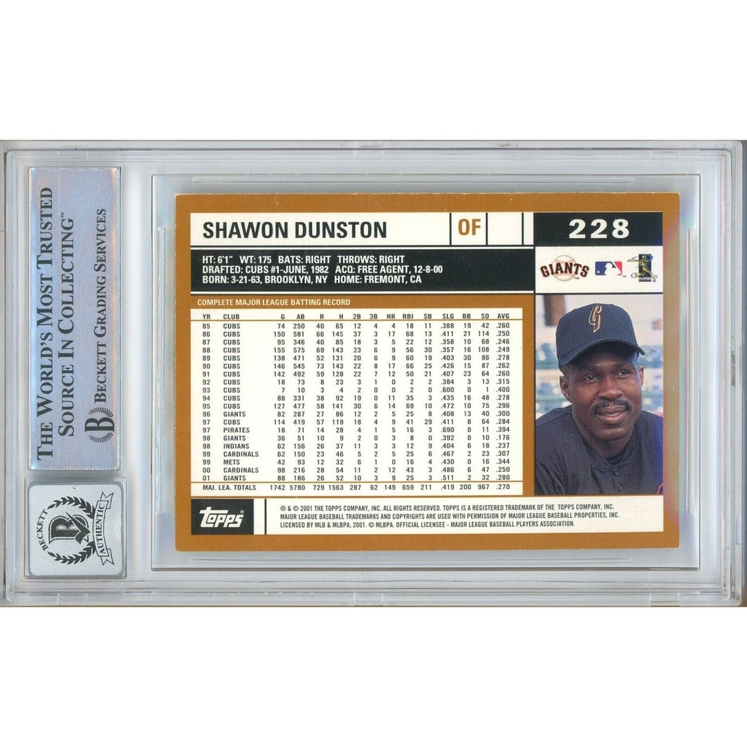 Baseballs- Autographed- Shawon Dunston San Francisco Giants Signed 2002 Topps Trading Card Beckett Authentic BGS Auto-10 Graded Slab Back
