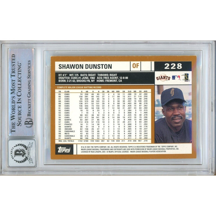 Baseballs- Autographed- Shawon Dunston San Francisco Giants Signed 2002 Topps Trading Card Beckett Authentic BGS Auto-10 Graded Slab Back