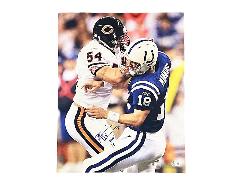 Brian Urlacher Signed HOF 18 Inscription Chicago Holding Manning Football 11x14 Photo (Beckett)