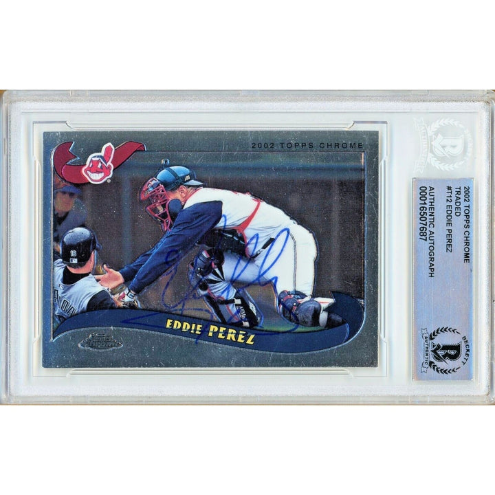 Eddie Perez Cleveland Indians Signed 2002 Topps Chrome Traded Card BAS Auth Auto Slab