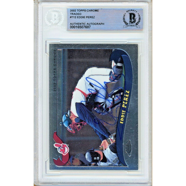 Eddie Perez Cleveland Indians Signed 2002 Topps Chrome Traded Card BAS Auth Auto Slab