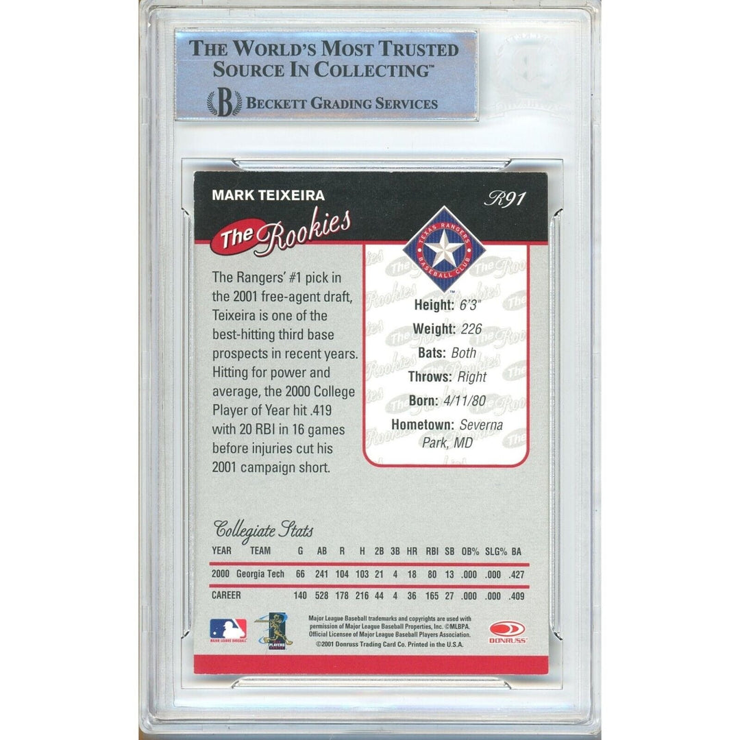 Mark Teixeira Texas Rangers Signed 2001 Donruss The Rookies Card Beckett Auth Auto Slab