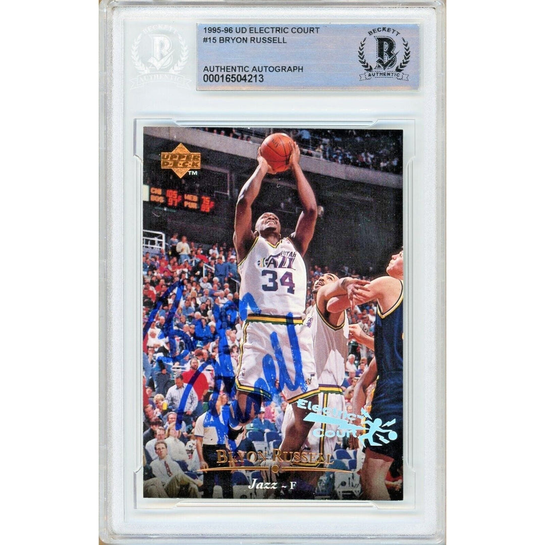 Bryon Russell Utah Jazz Signed '95-96 Upper Deck Electric Court Card BAS Auth Auto Slab
