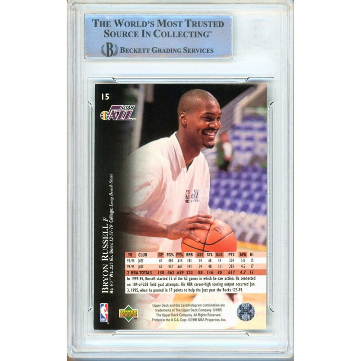 Bryon Russell Utah Jazz Signed '95-96 Upper Deck Electric Court Card BAS Auth Auto Slab
