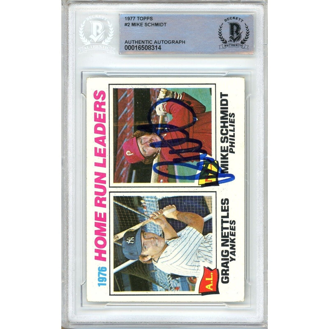 Mike Schmidt Philadelphia Phillies Signed 1977 Topps HR Leaders Card BAS Auth Auto Slab