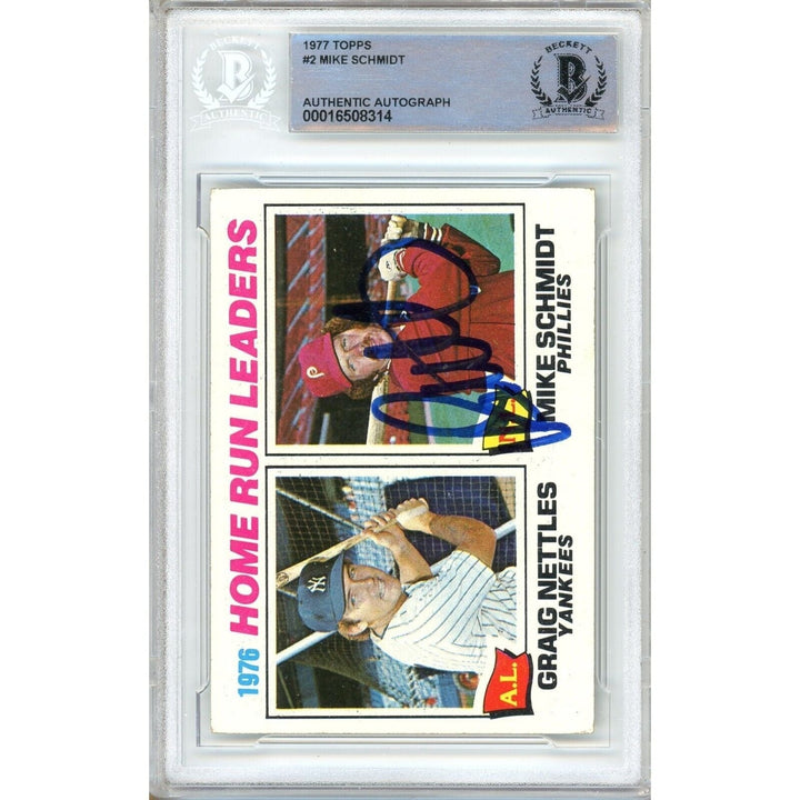 Mike Schmidt Philadelphia Phillies Signed 1977 Topps HR Leaders Card BAS Auth Auto Slab
