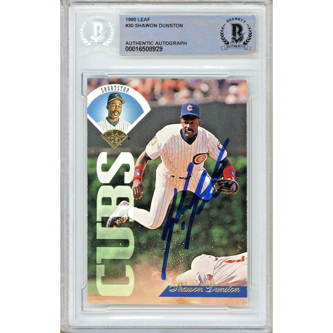 Baseballs- Autographed- Shawon Dunston Chicago Cubs Signed 1995 Leaf Trading Card Beckett Authentic Auto Slab Front