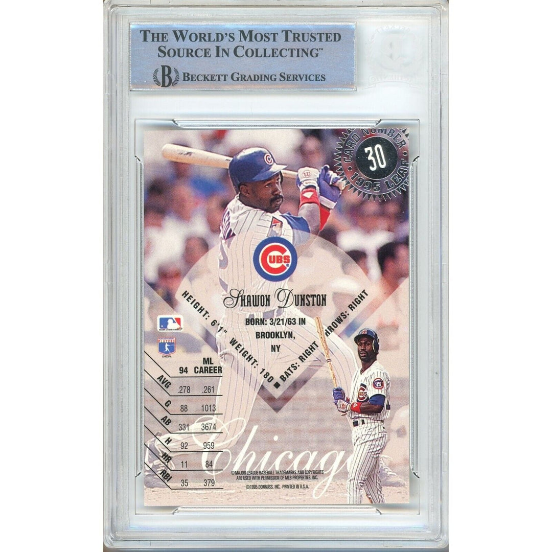 Baseballs- Autographed- Shawon Dunston Chicago Cubs Signed 1995 Leaf Trading Card Beckett Authentic Auto Slab Back