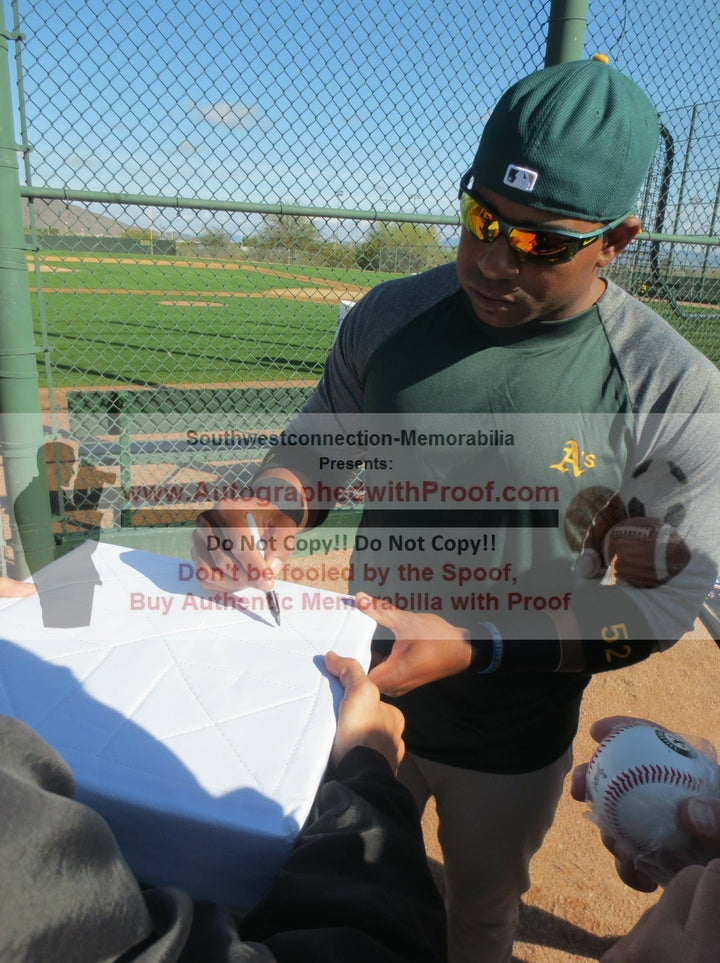 Yoenis Cespedes Signed Oakland Athletics Logo Baseball Base Exact Proof Beckett COA
