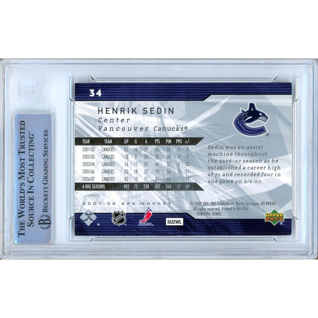 Henrik Sedin Vancouver Canucks Signed 2007-08 Upper Deck Spx Card Beckett Auth Auto