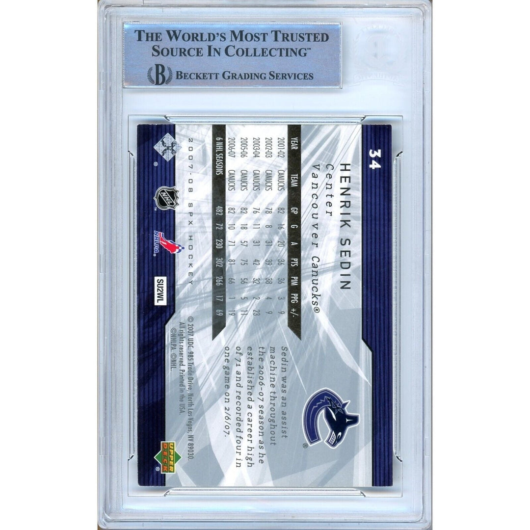 Henrik Sedin Vancouver Canucks Signed 2007-08 Upper Deck Spx Card Beckett Auth Auto