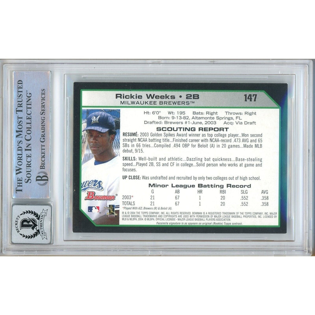 Baseballs- Autographed- Rickie Weeks Milwaukee Brewers Signed 2004 Bowman Trading Card Beckett Authentic BGS Auto-10 Graded Slab Back