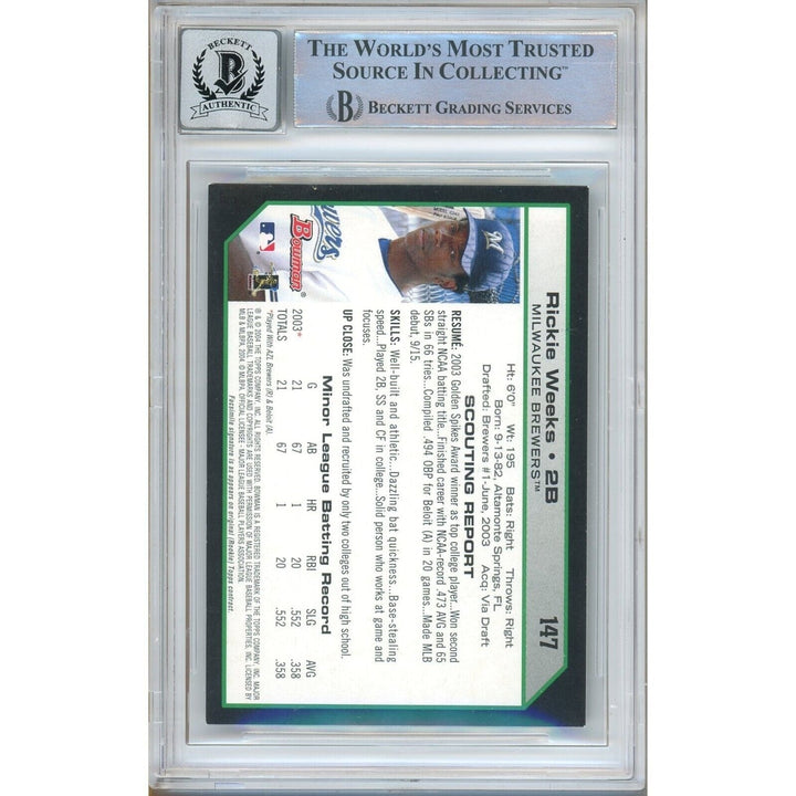Baseballs- Autographed- Rickie Weeks Milwaukee Brewers Signed 2004 Bowman Trading Card Beckett Authentic BGS Auto-10 Graded Slab Back