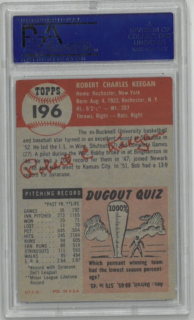 Bob Keegan 1953 Topps Baseball Card #196- PSA Graded 5 EX (Chicago White Sox) Image 2