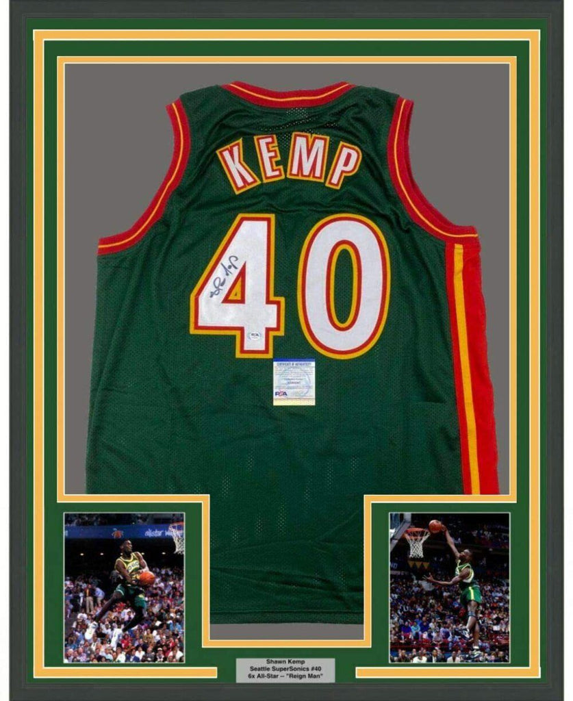 Framed Autographed/Signed Shawn Kemp 33x42 Seattle White