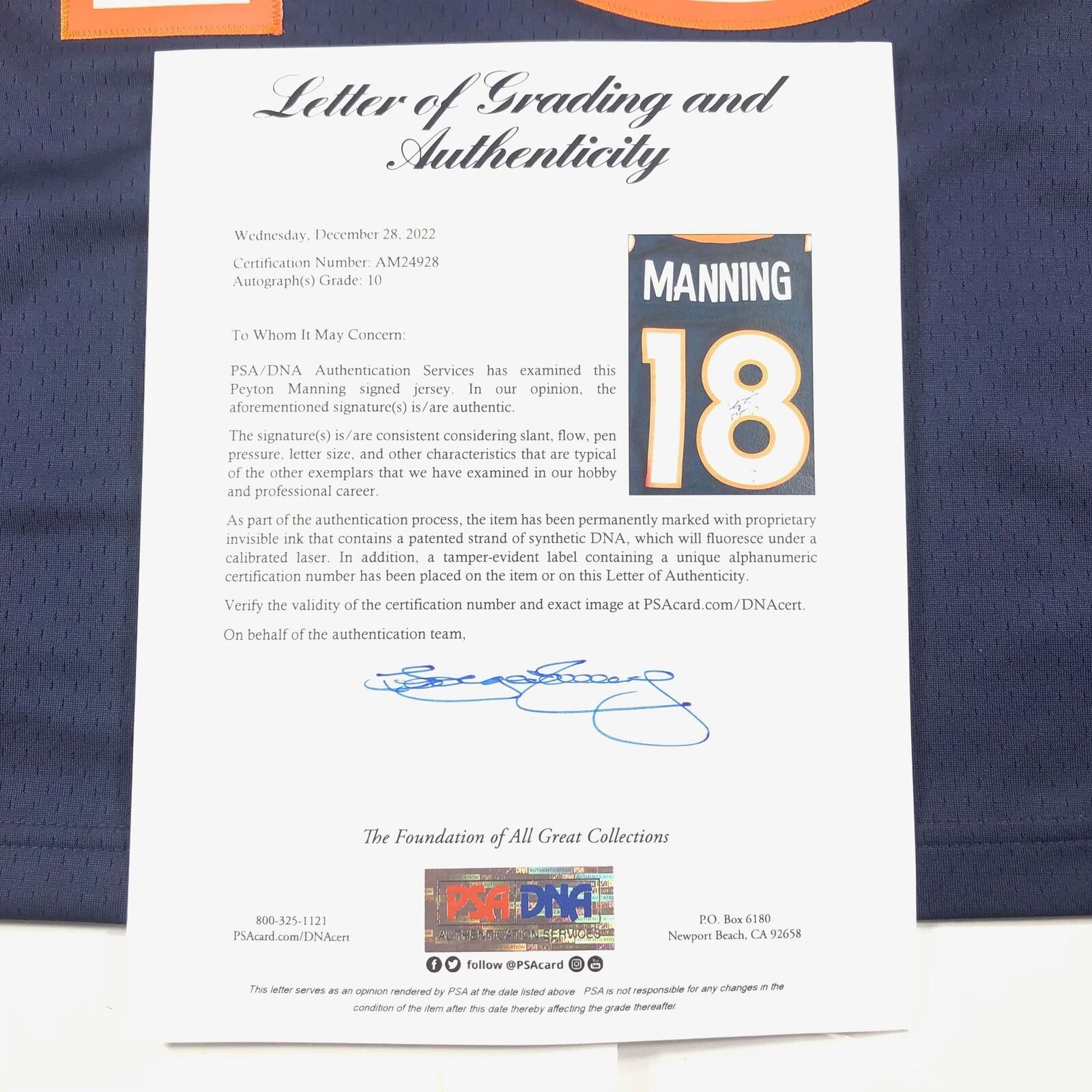 Sold at Auction: Peyton Manning signed and framed jersey PSA