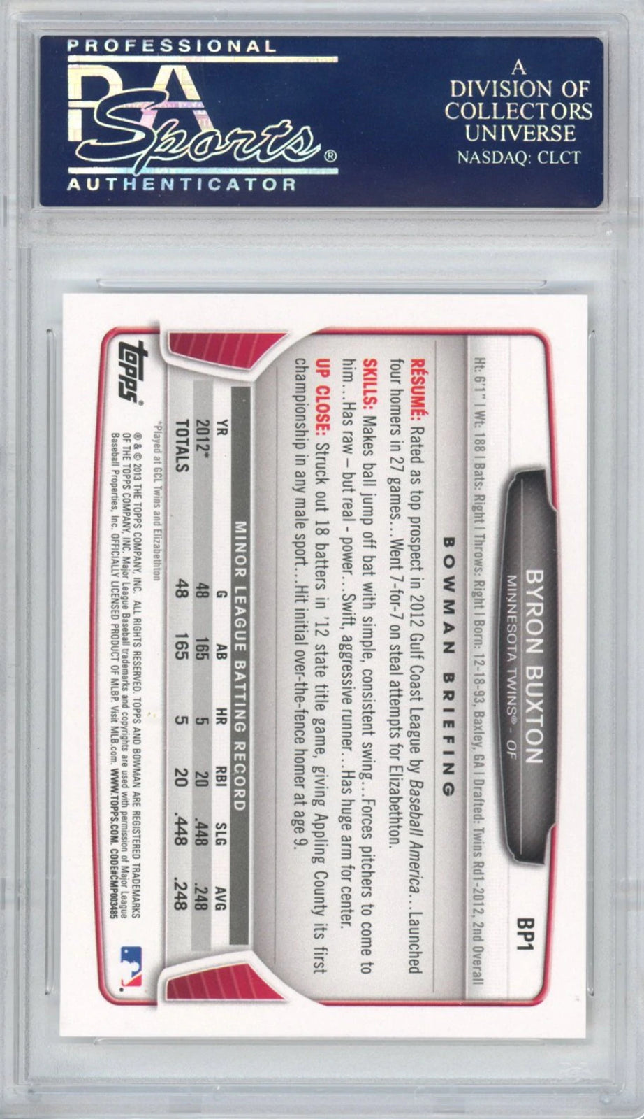 Graded 2013 Bowman Prospect Byron Buxton #BP1 Rookie RC Baseball Card PSA 10 Image 2