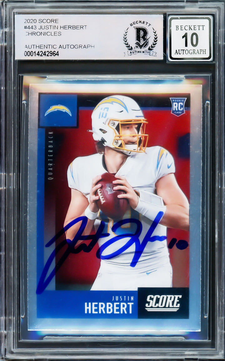 JUSTIN HERBERT 2020 SCORE RC LOS ANGELES CHARGERS GEM 10 AUTO BECKETT 206675 Image 1