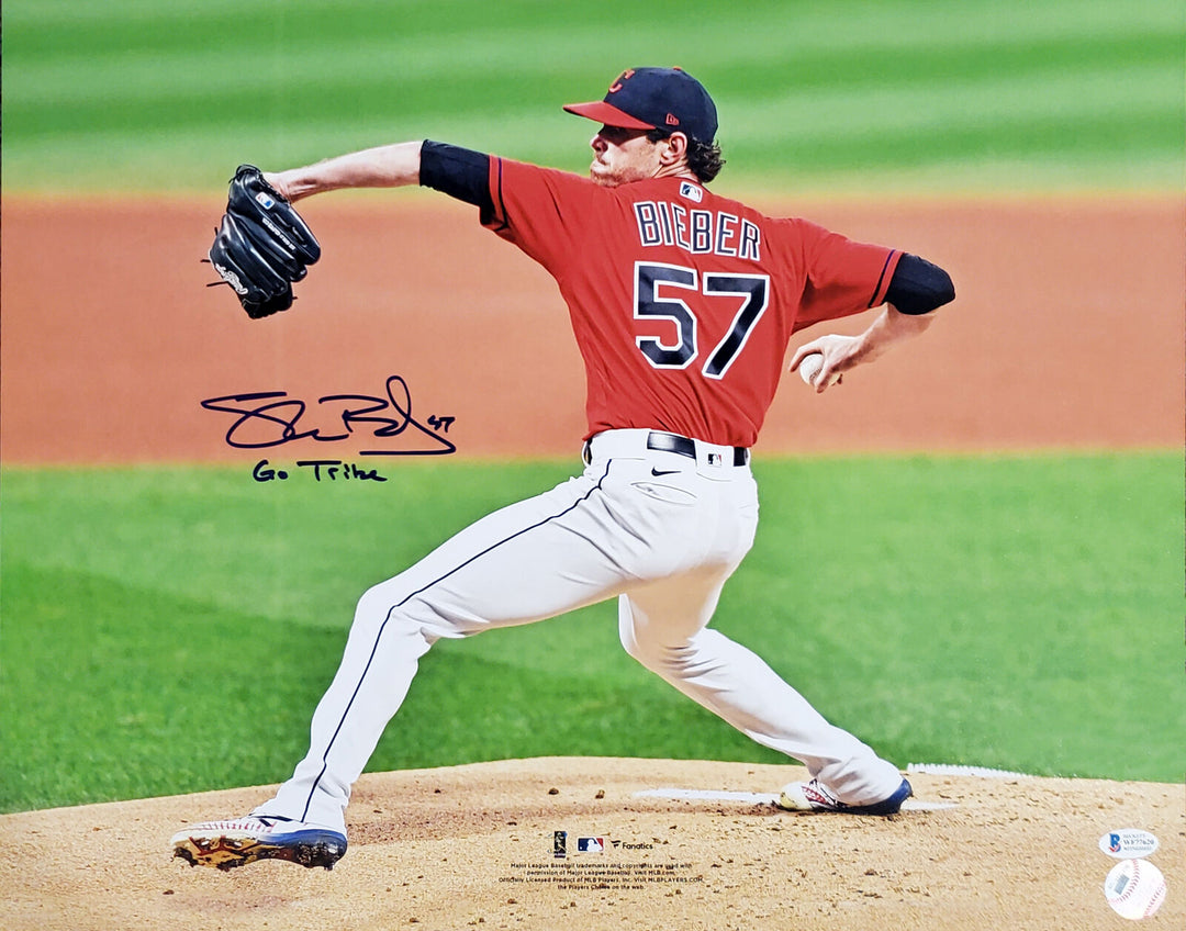 SHANE BIEBER AUTOGRAPHED 16X20 PHOTO CLEVELAND INDIANS "GO TRIBE" BECKETT 185900 Image 1