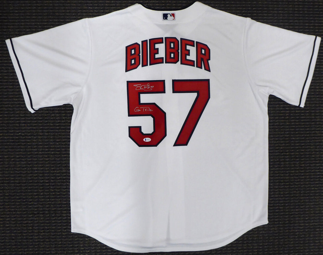 INDIANS SHANE BIEBER AUTOGRAPHED WHITE MAJESTIC JERSEY XL GO TRIBE BECKETT 87724 Image 2