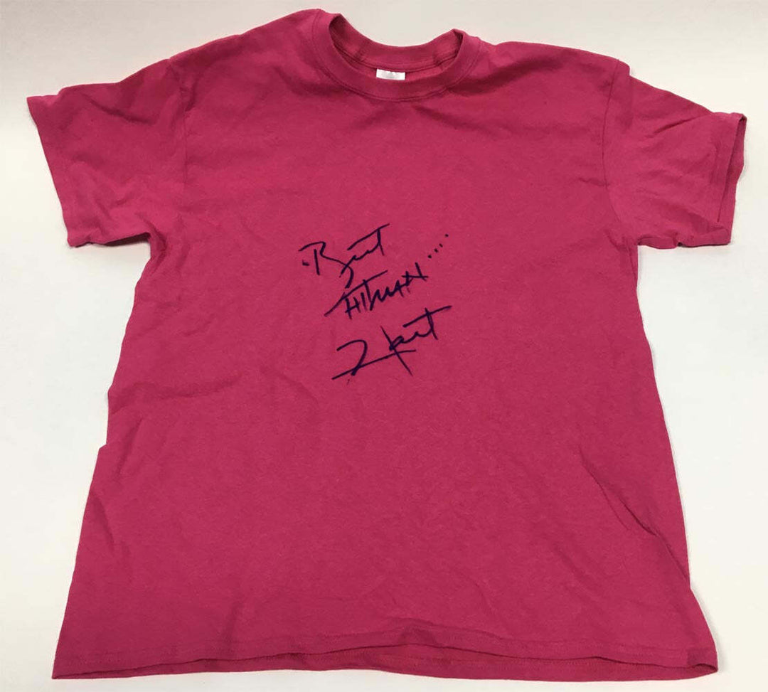 Bret Hitman Hart Autographed Pink Wrestling T-Shirt Costume Image 1