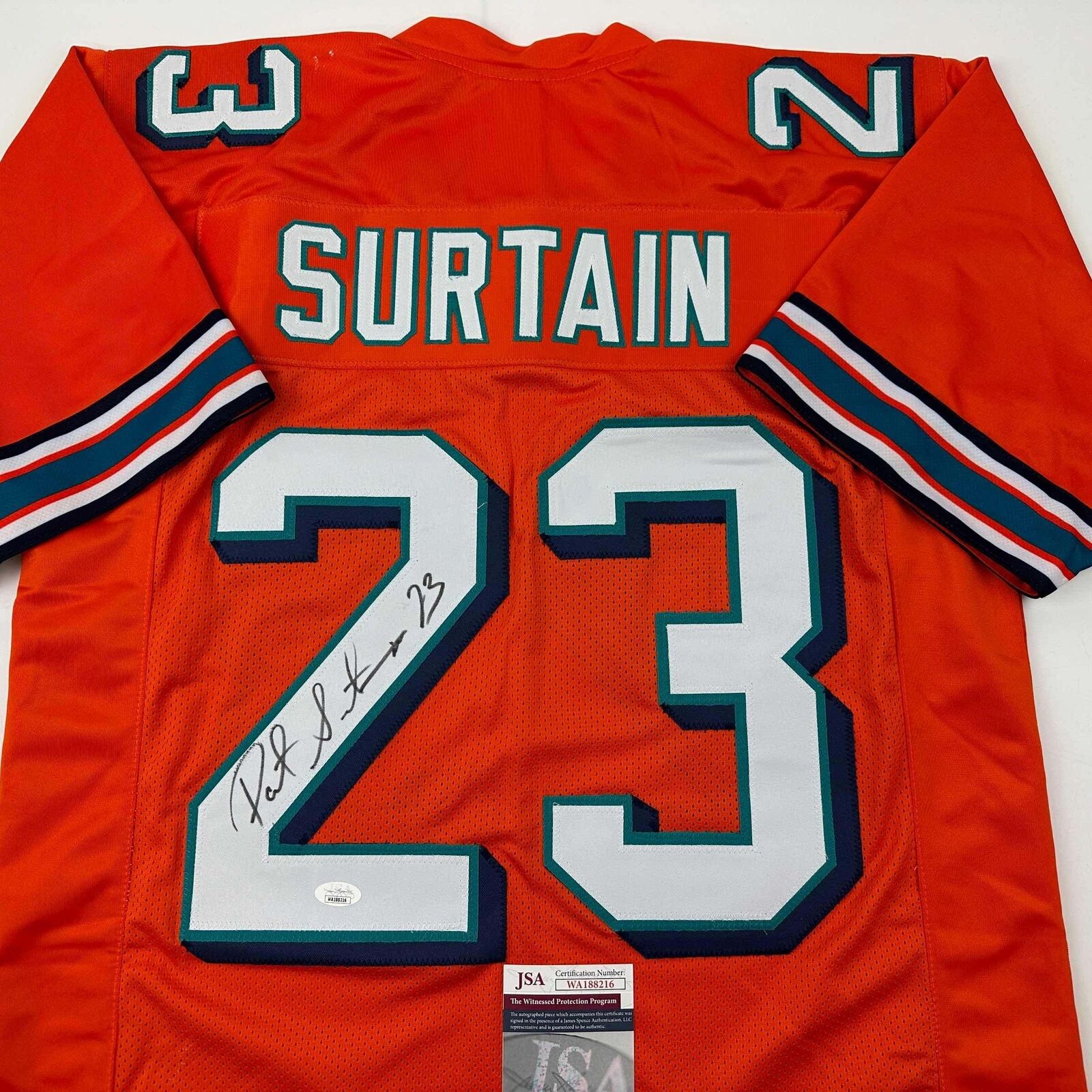 Autographed/Signed Patrick Surtain Miami Orange Football Jersey JSA COA