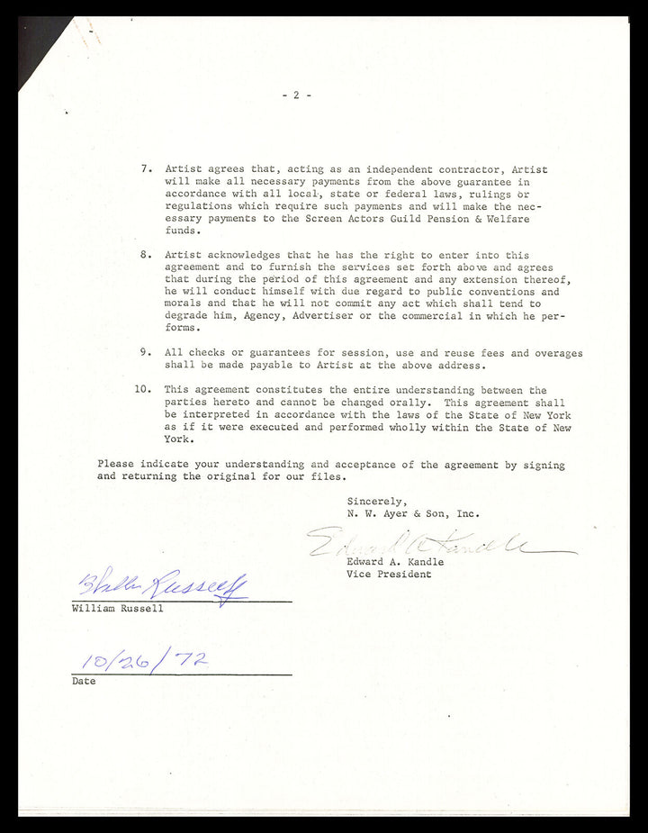 Bill Russell Autographed 1972 Advertising Document Contract Beckett AC74546 Image 1