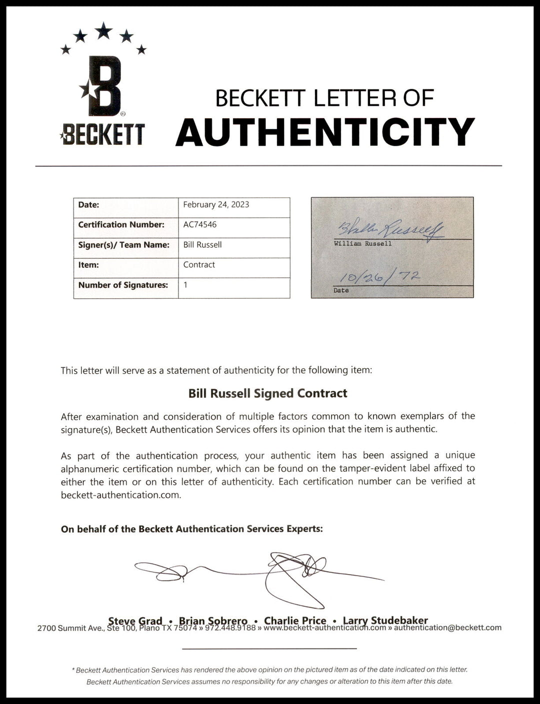 Bill Russell Autographed 1972 Advertising Document Contract Beckett AC74546 Image 4