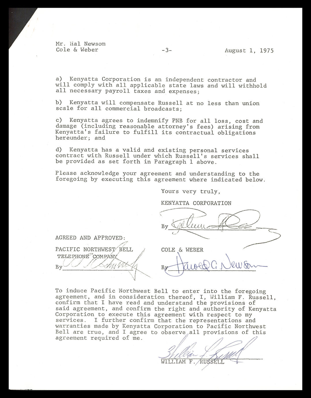 Bill Russell Autographed 1975 TV Contract Boston Celtics Beckett BAS #AC74544 Image 1