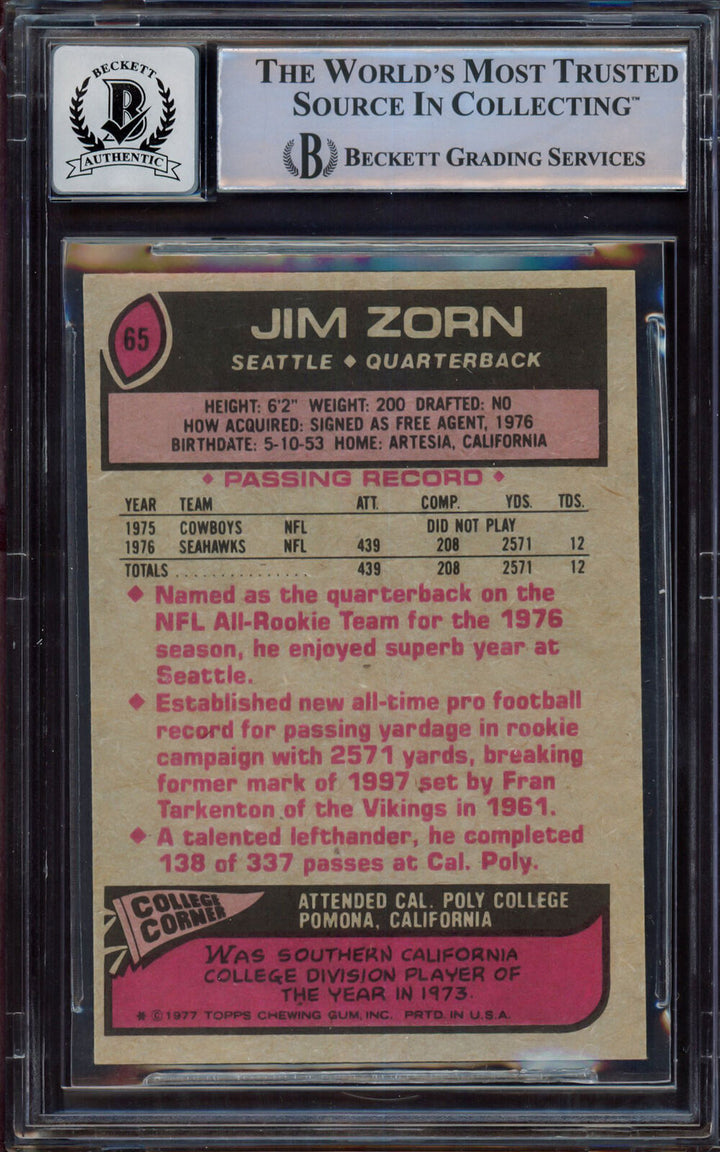 Jim Zorn Autographed 1977 Topps RC Seahawks Gem 10 Auto Beckett 15498313 Image 2