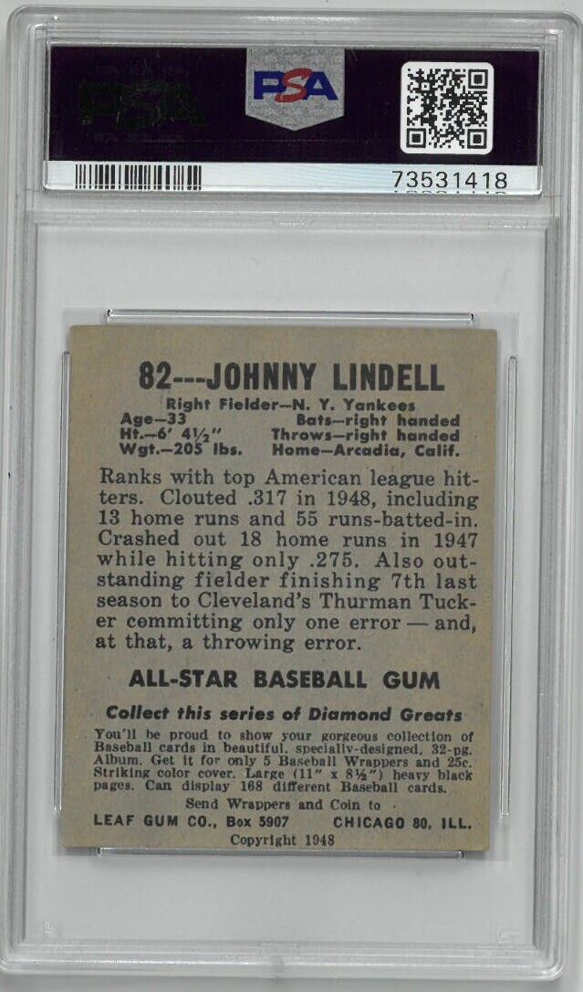 Johnny Lindell 1948 Leaf Baseball Card #82- PSA Graded 5 EX (Centered Image 2