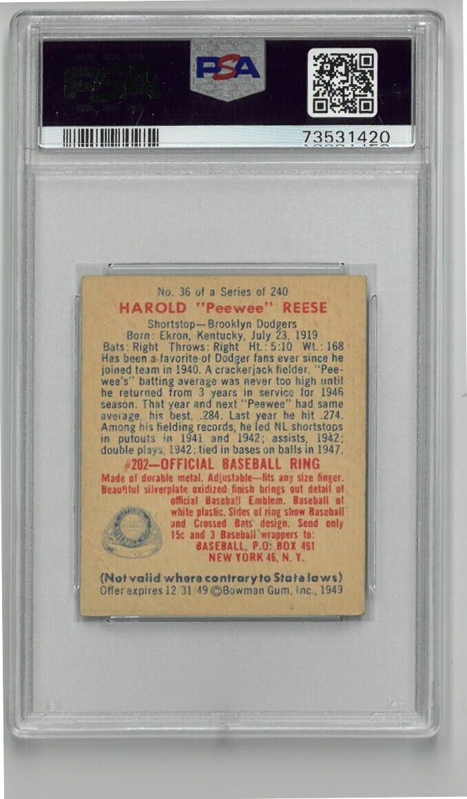 1949 Bowman Pee Wee Reese #36 PSA EX 5. Baseball Cards Singles