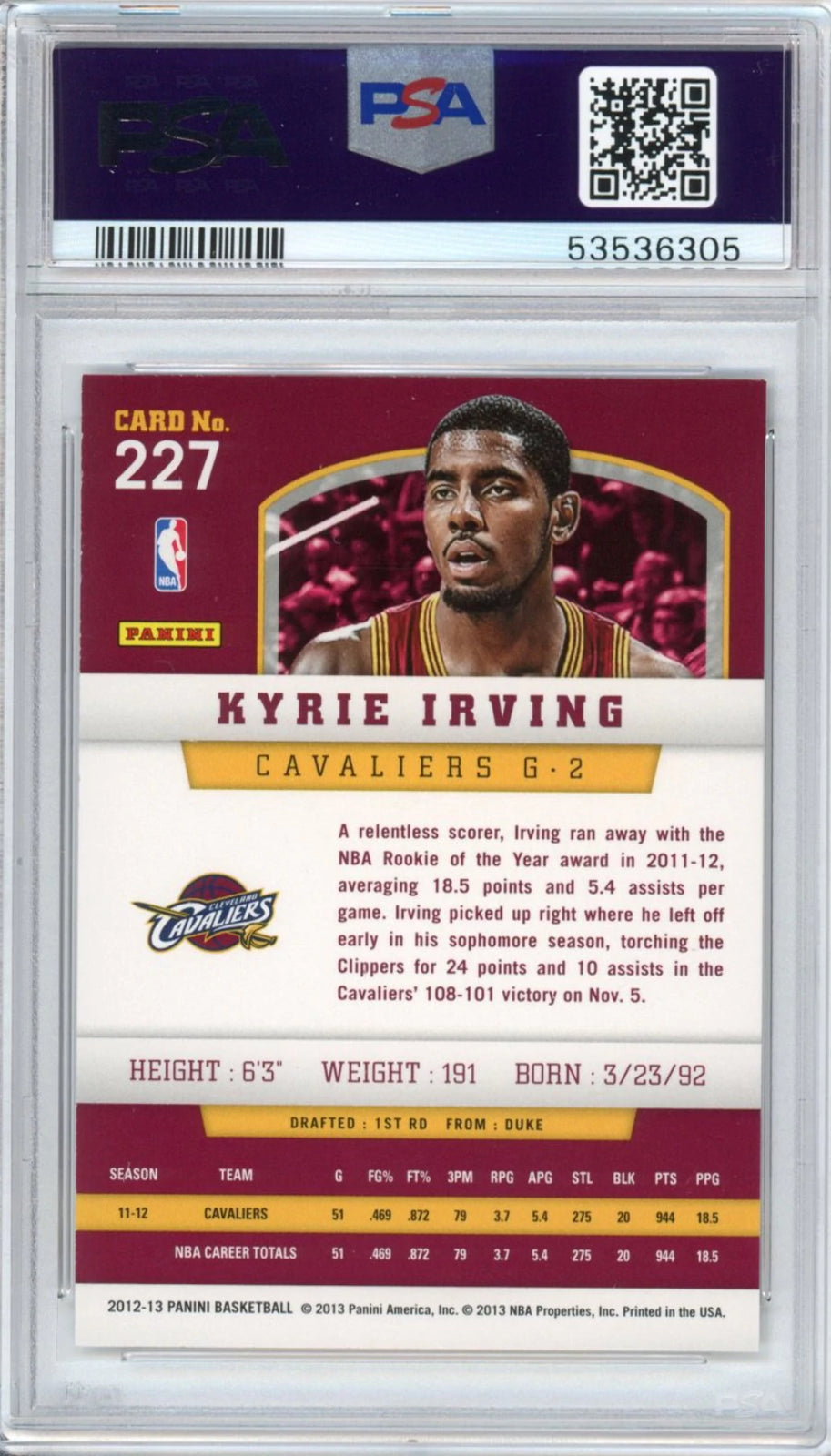 Graded 2012-13 Panini Kyrie Irving #227 Rookie RC Basketball Card PSA 10 Mint Image 2