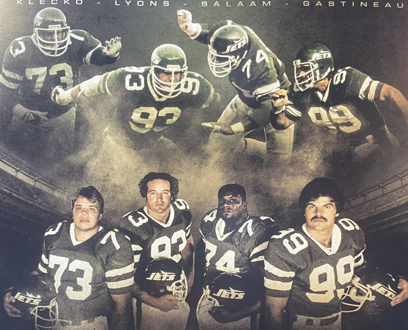 NY JETS SACK EXCHANGE AUTOGRAPHED 16X20 KLECKO, GASTINEAU, SALAAM & LYONS