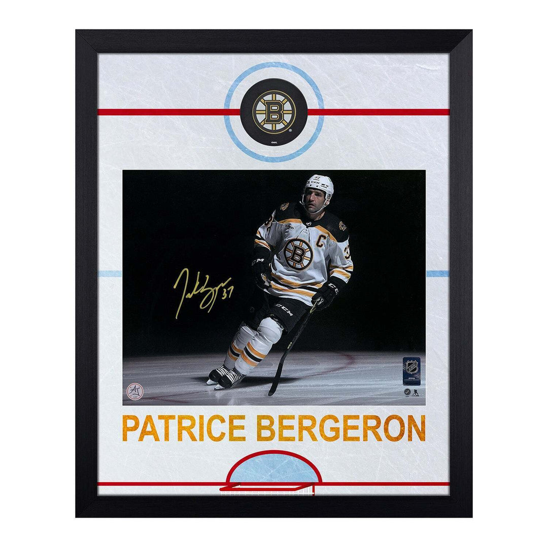 Patrice Bergeron Signed Boston Bruins Graphic Rink 19x23 Frame Image 1