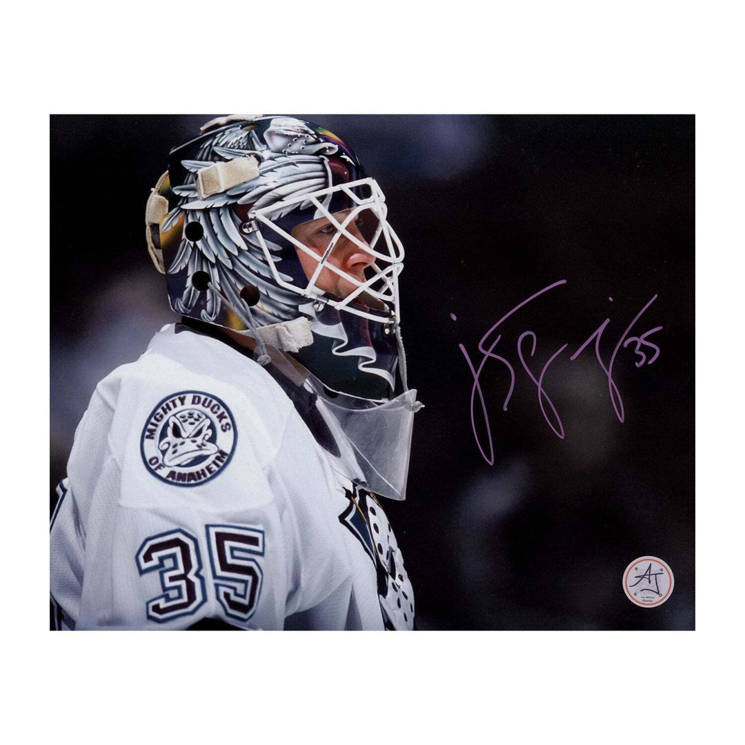 JS Giguere Signed Anaheim Mighty Ducks Mask CloseUp 8x10 Photo Image 1