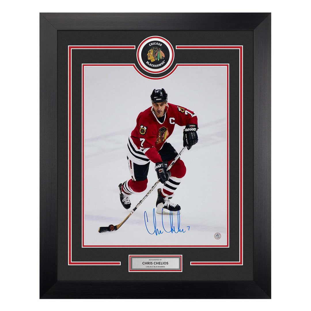 Chris Chelios Signed Chicago Blackhawks Puck Display 26x32 Frame Image 1