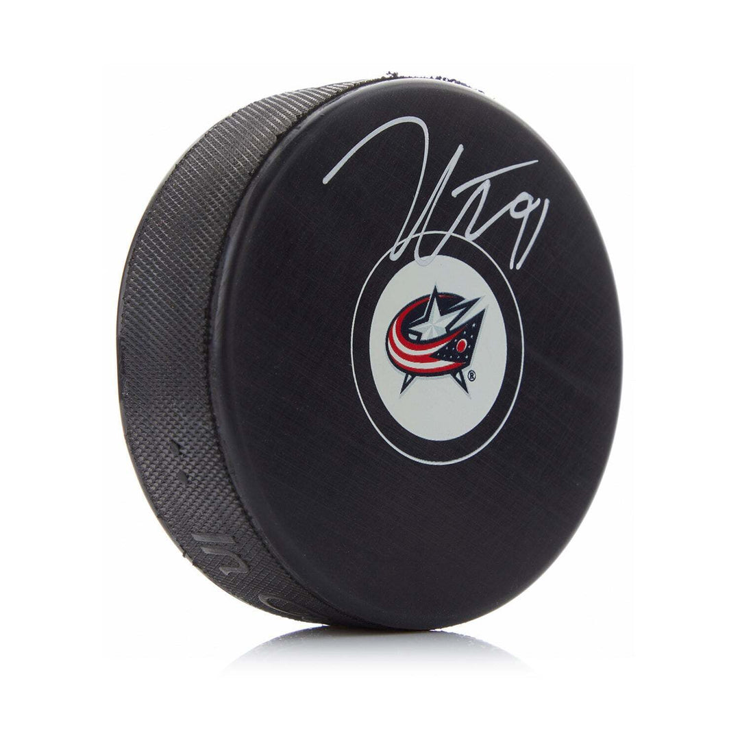 Kent Johnson Autographed Columbus Blue Jackets Hockey Puck Image 1