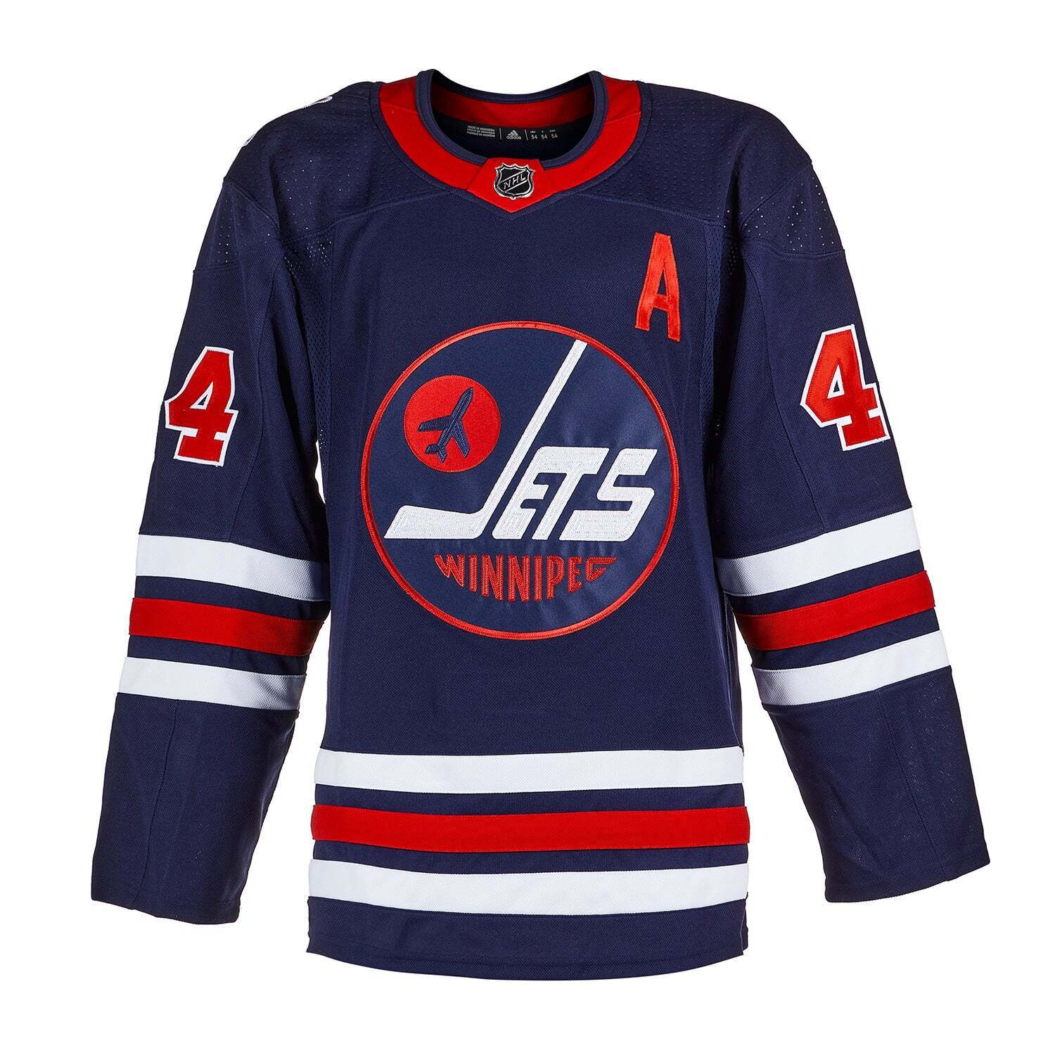 A close up look at the Winnipeg Jets Heritage Classic jersey