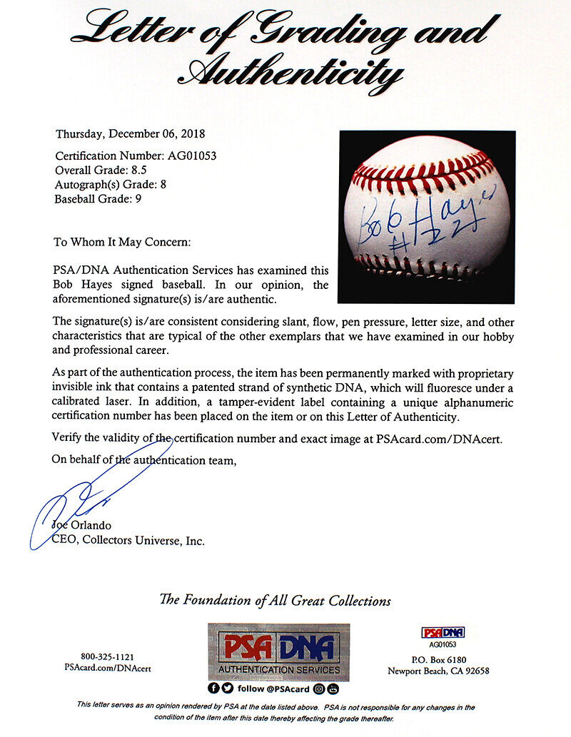Bob Hayes Autographed Rawlings OL Baseball PSA/DNA Grade 8.5 Image 5