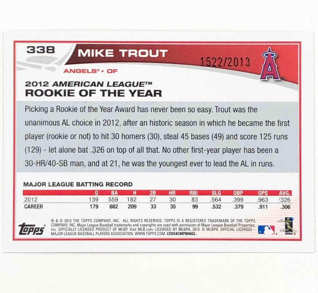 2013 Topps #338 Mike Trout 2nd Year base card 2012 AL ROY Gold parallel /2013 Image 2