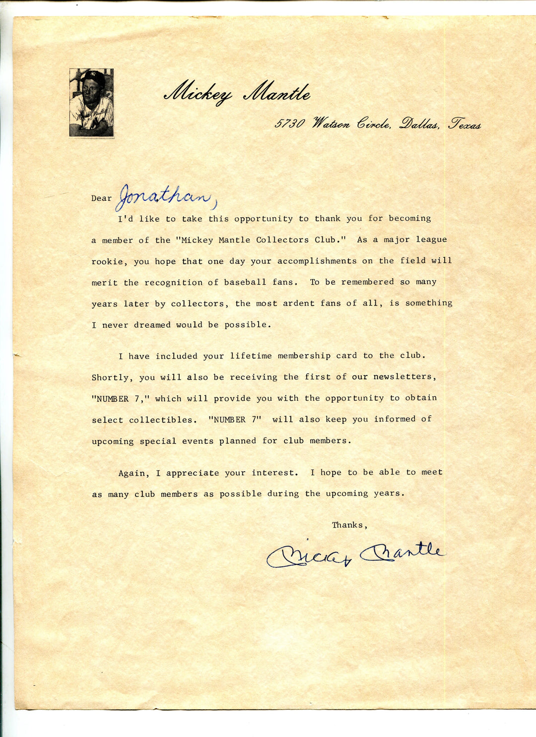 Mickey Mantle Collectors Club Autographed Letter (JSA) Image 1