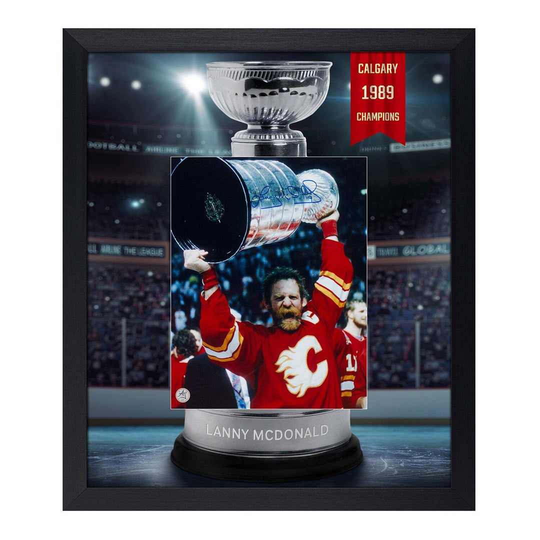 Lanny McDonald Signed Calgary Flames Cup Champion Graphic 23x27 Frame Image 1