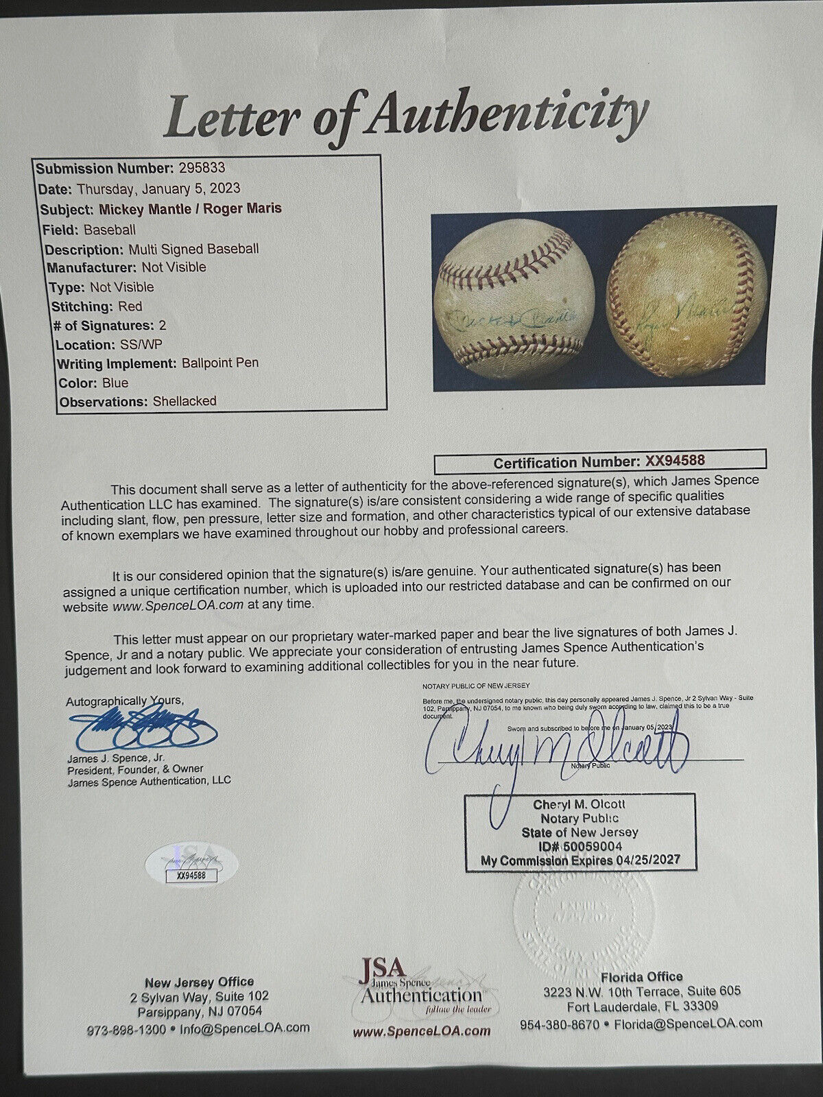 Mickey Mantle 7 Signed Baseball JSA LOA