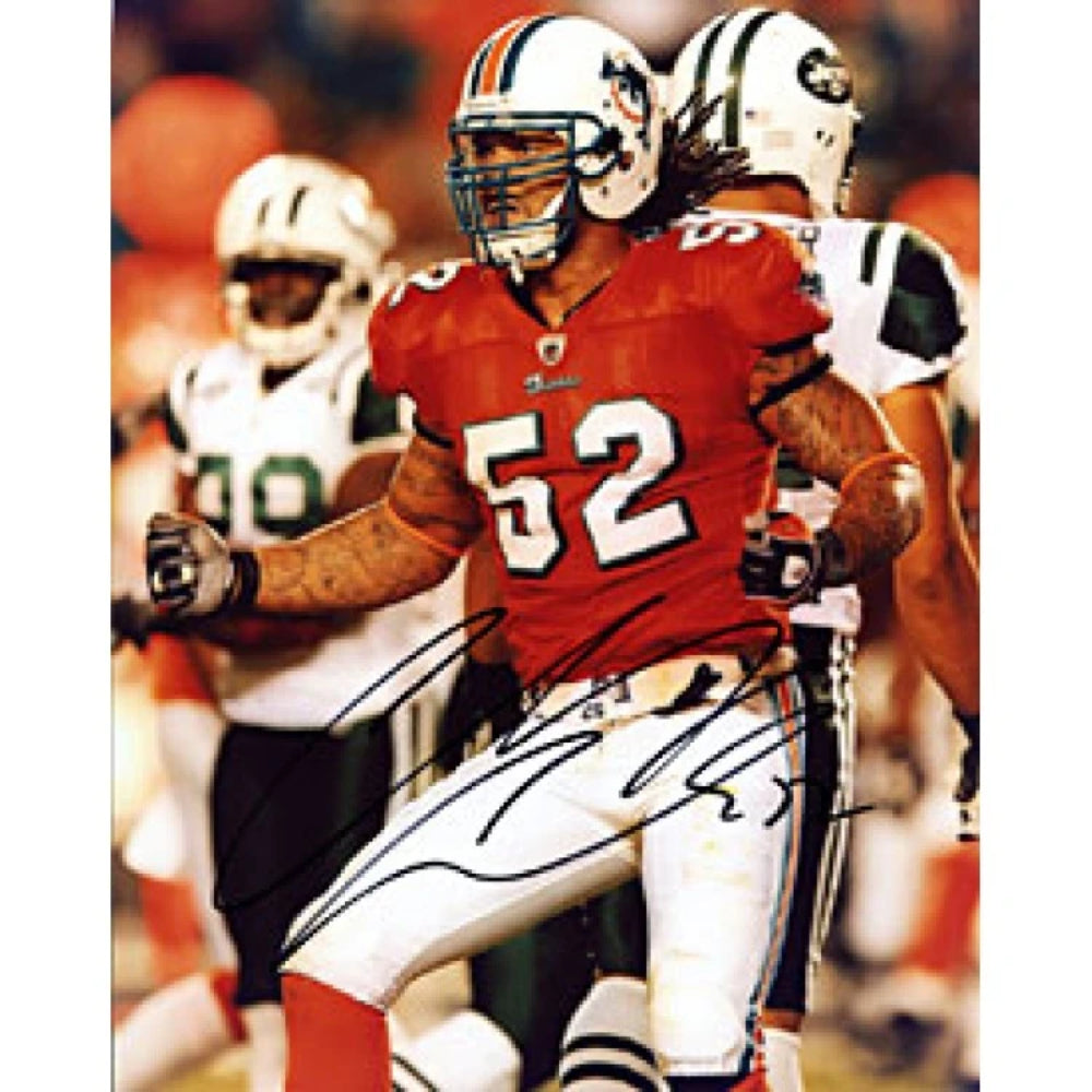 Channing Crowder Autographed / Signed Miami Dolphins vs Jets 8x10 Photo Image 1