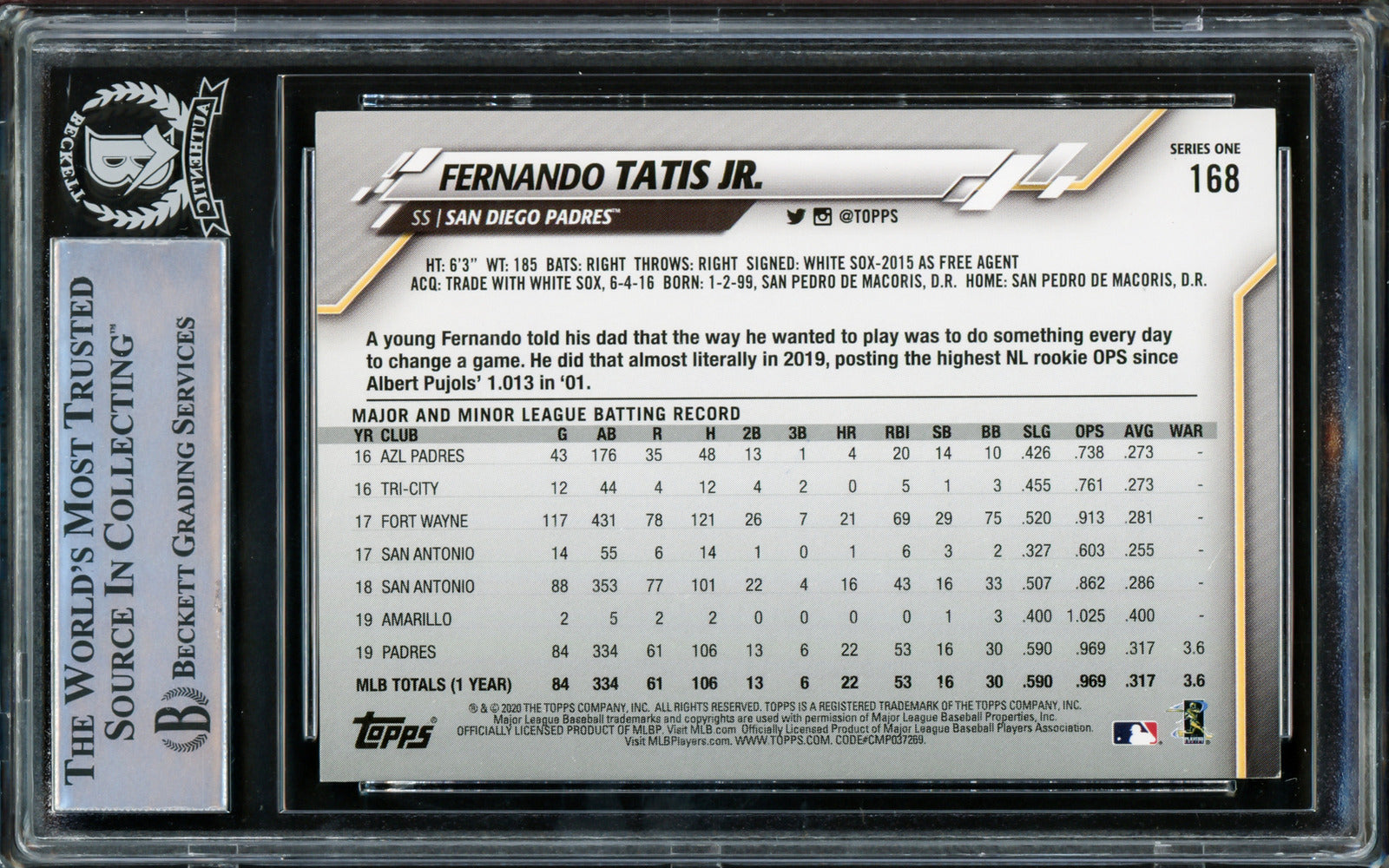 Fernando Tatis Jr. Autographed 2020 Topps Card #168 Padres Beckett #15 –  CollectibleXchange